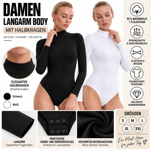 Damen langarm body halbkragen - langarm,